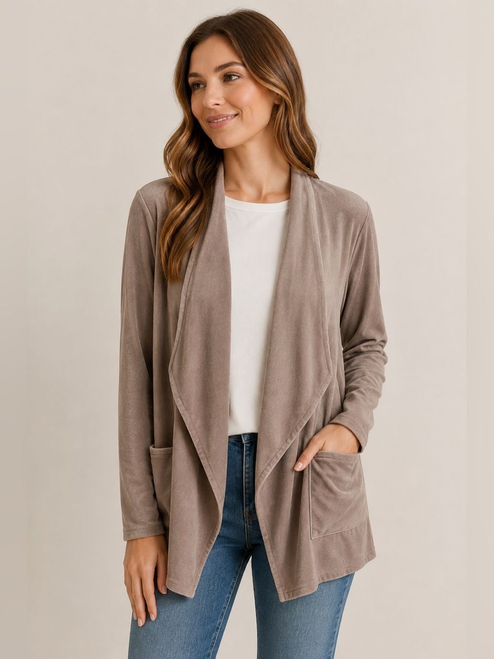 Soft Surroundings Velvet Open Front Cardigan Sand Colored Small